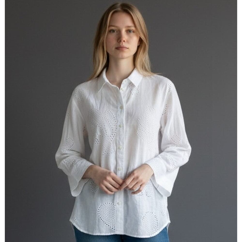 FRAME White Eyelet Embroidered Ramie Button Front Shirt Blouse XS